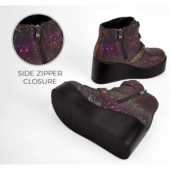 🆕 Navy Reflect Chunky Platform Ankle Boots - Wedge Heel Goth Rave Zip Booties - Picture 9 of 9
